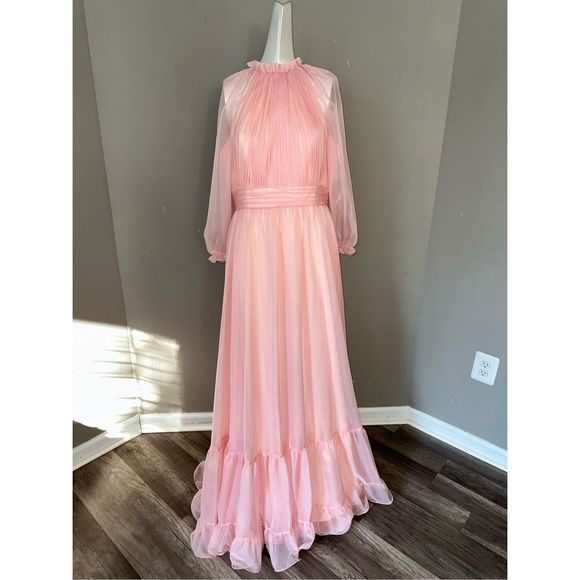 MAC DUGGAL CHIFFON RUCHED ILLUSION RAGLAN SLEEVE RUFFLED GOWN SIZE US 6 - Picture 5 of 10